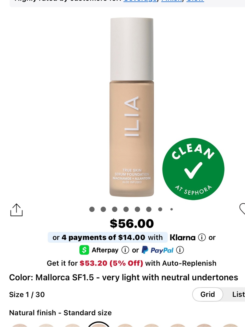 Ilia SF 1.5 Mallorca true skin serum foundation, very light neutral